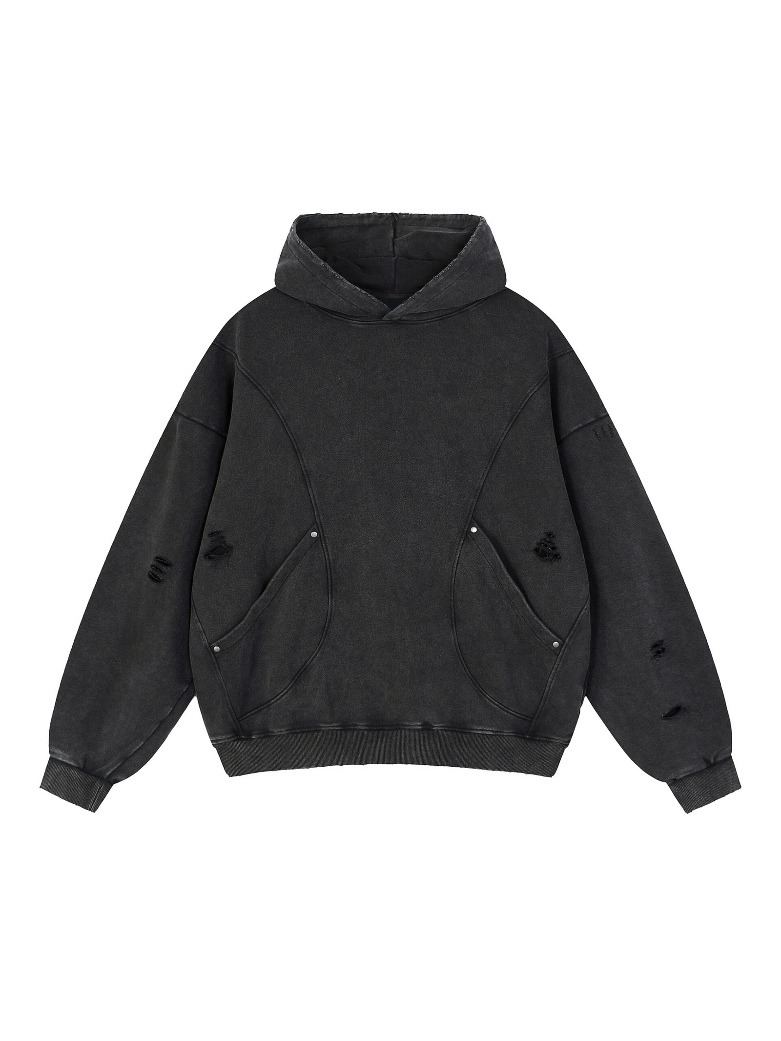 Snow-Wash Distressed Panel Hoodie